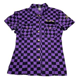 Y2K Abbey Dawn Avril Lavigne Purple Black Checked Shirt Womens L Military Grunge